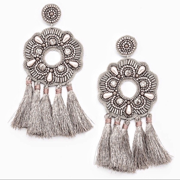 Silver Statement Beaded Tassel Fringe Earring Gray - Picture 2 of 3